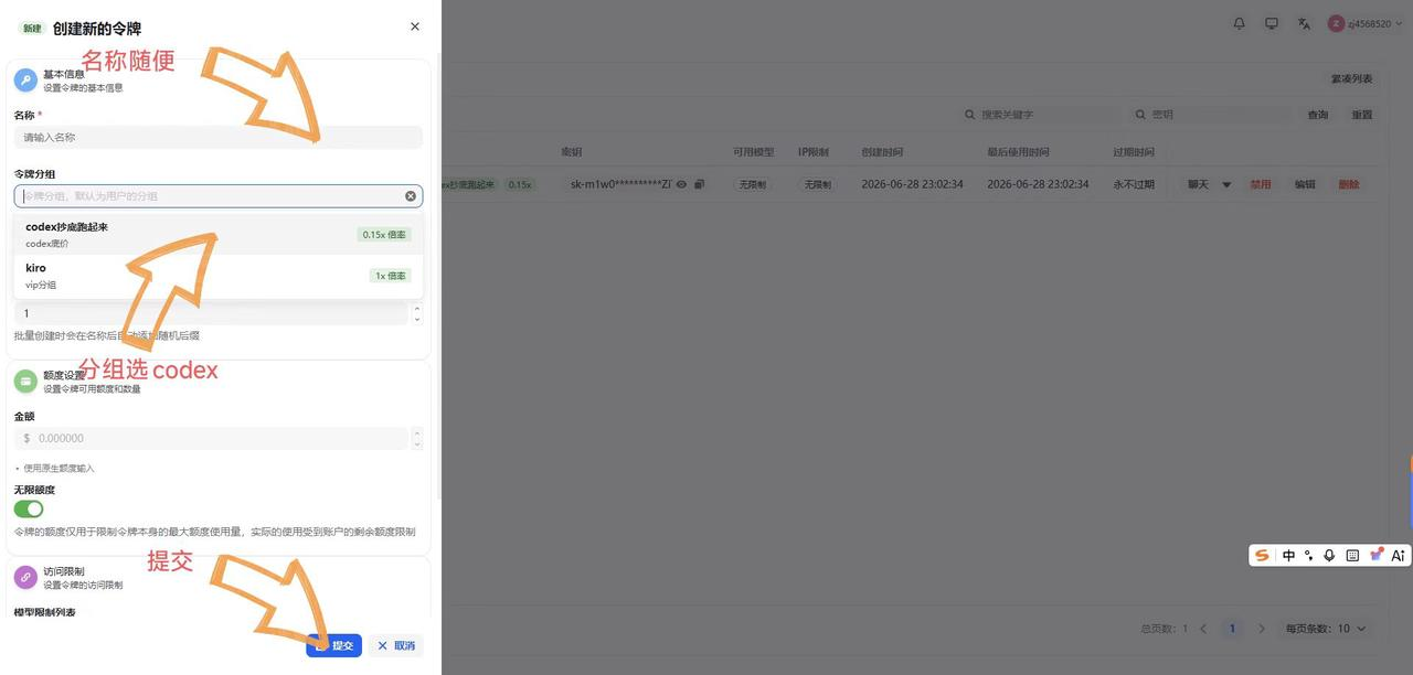 填写名称并选择 Codex 分组后提交