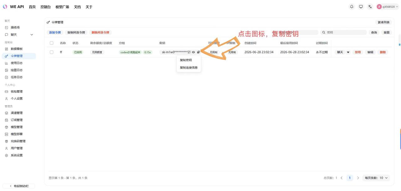 复制创建好的 API 密钥